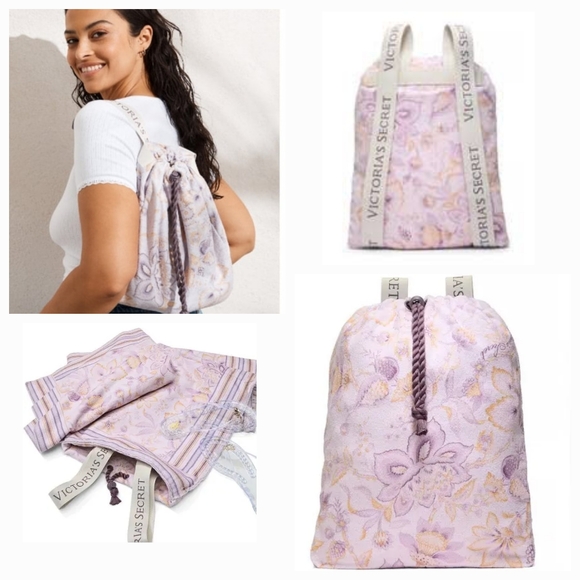 Victoria's Secret Handbags - New Victoria's Secret Floral Lillac Summer Packable Beach Towel Backpack Bag